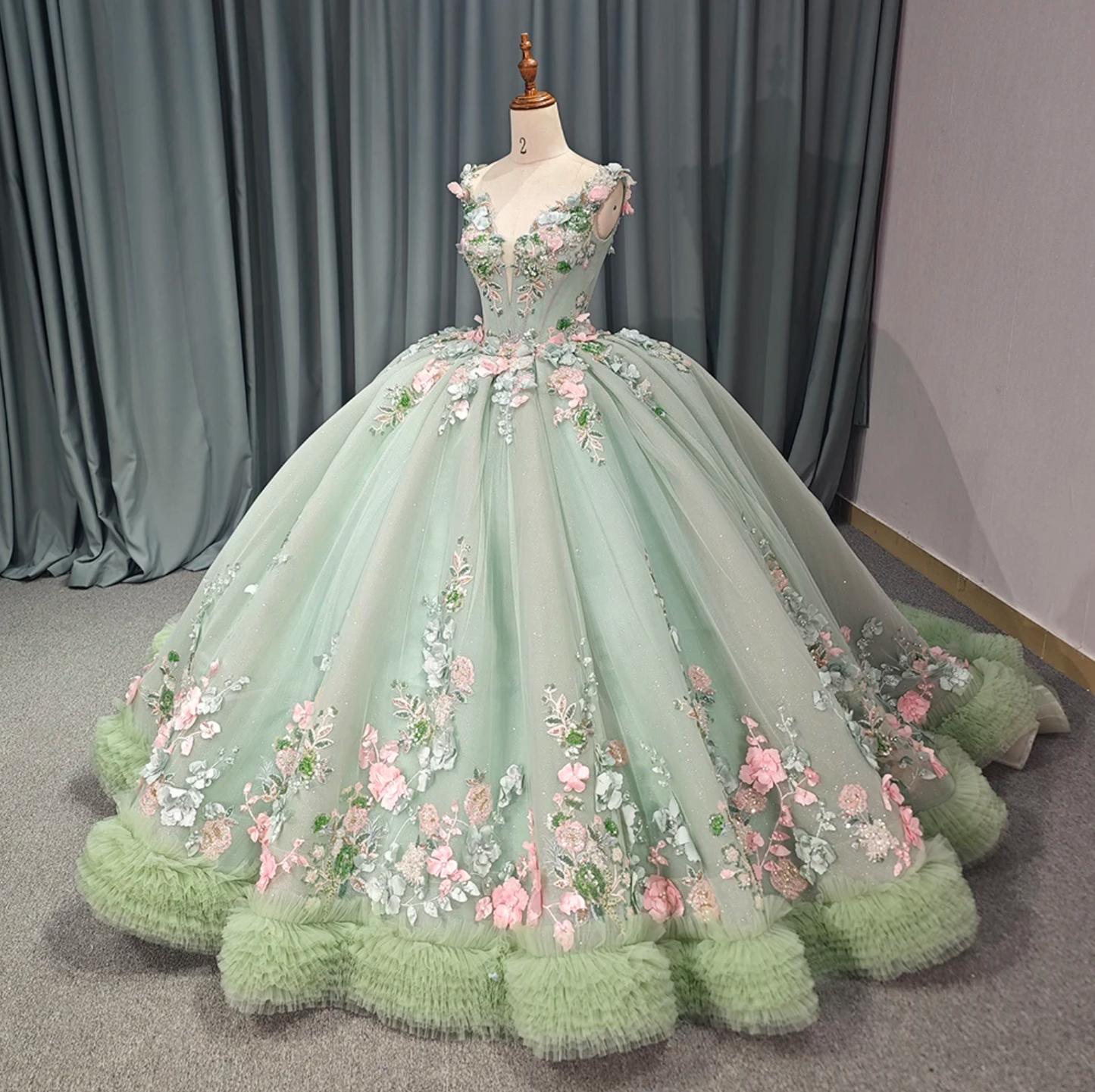Blush Green Quinceanera Dress V Neck Ball Gown Sweet 16 Dress
