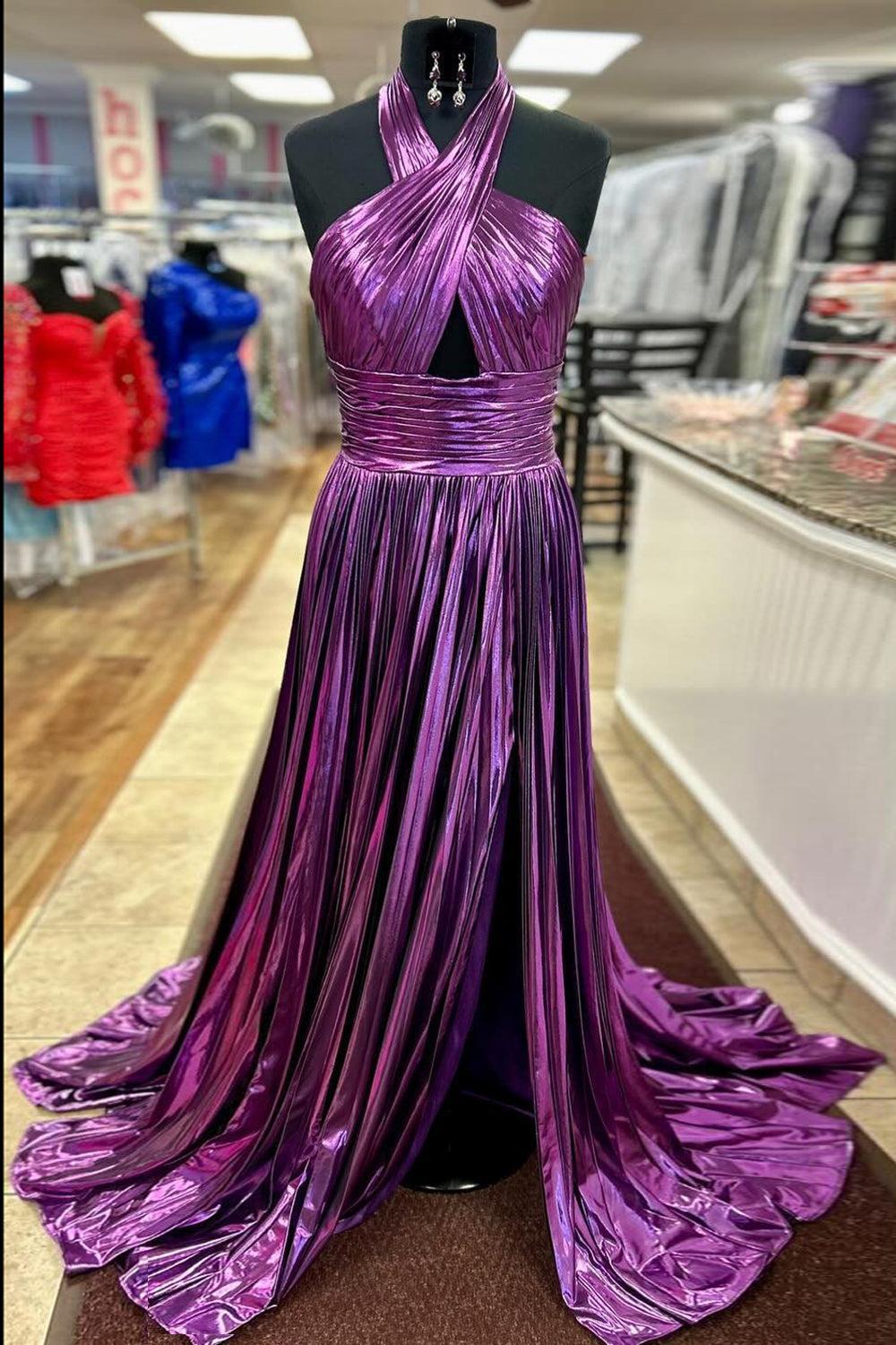 Blush Halter Cut Out Prom Dress Backless Metallic Long Evening Dress with Slit