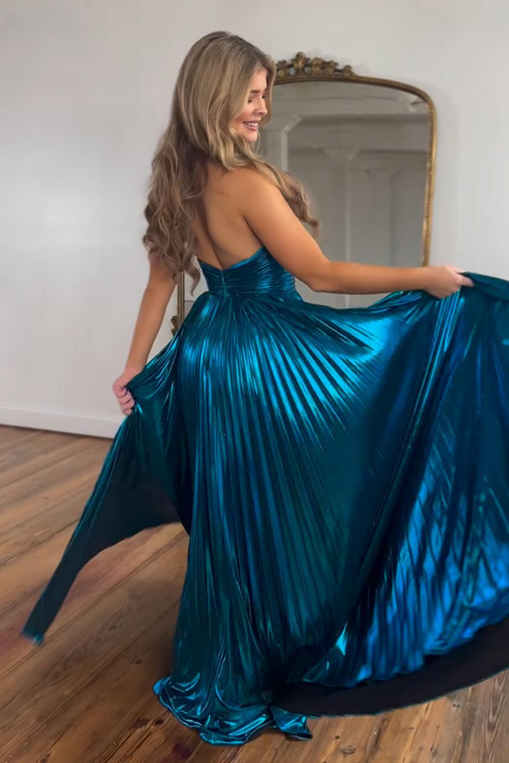 Blush Halter Cut Out Prom Dress Backless Metallic Long Evening Dress with Slit