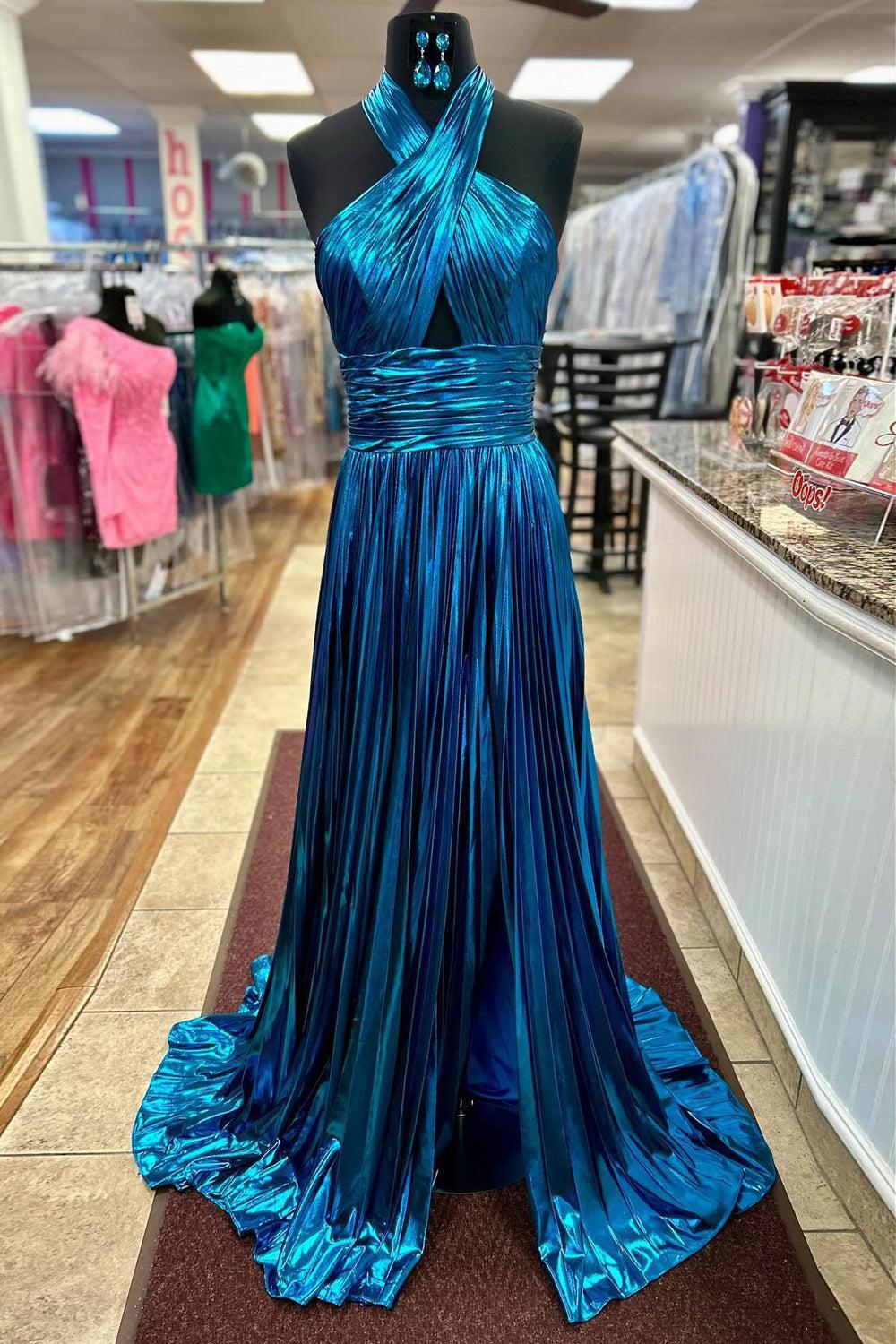 Blush Halter Cut Out Prom Dress Backless Metallic Long Evening Dress with Slit
