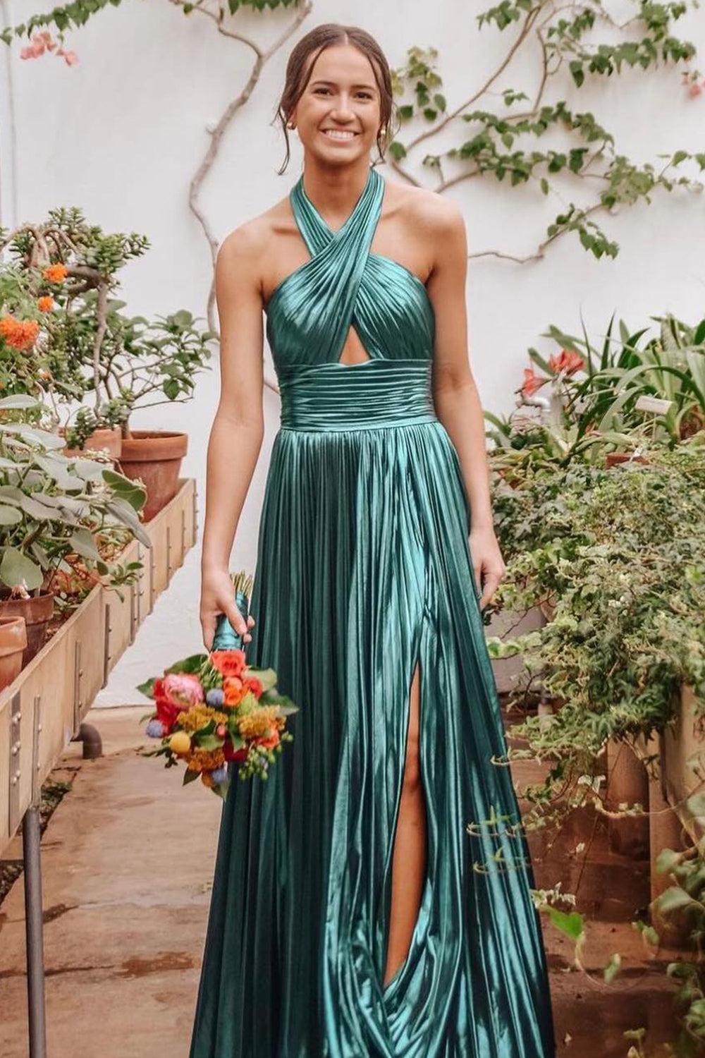 Blush Halter Cut Out Prom Dress Backless Metallic Long Evening Dress with Slit