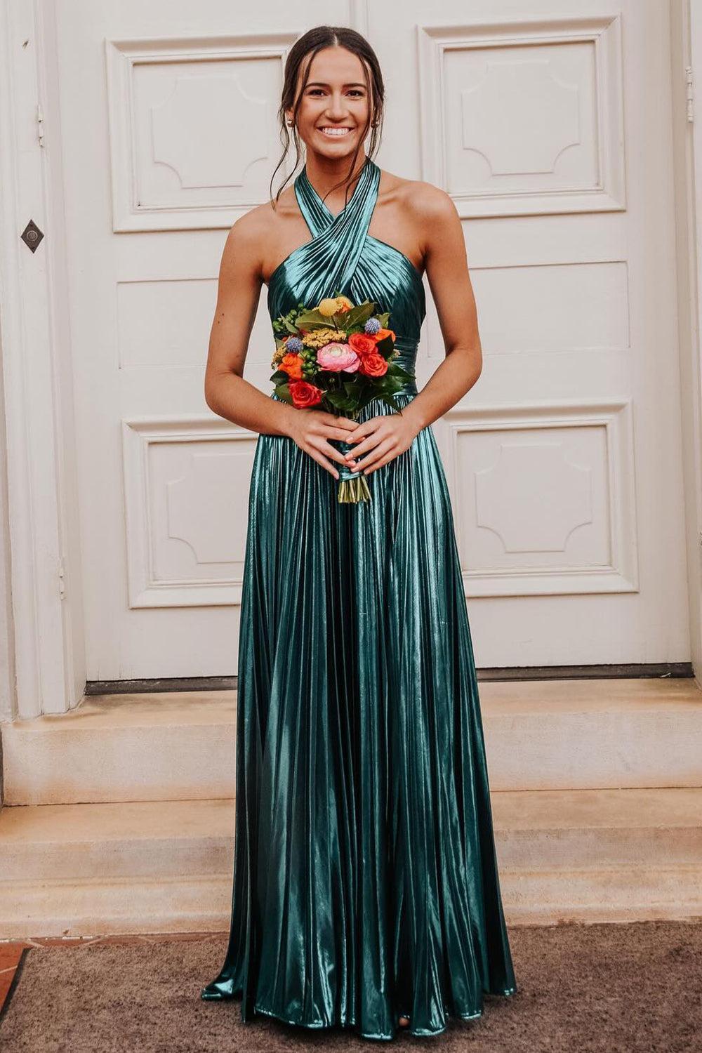Blush Halter Cut Out Prom Dress Backless Metallic Long Evening Dress with Slit