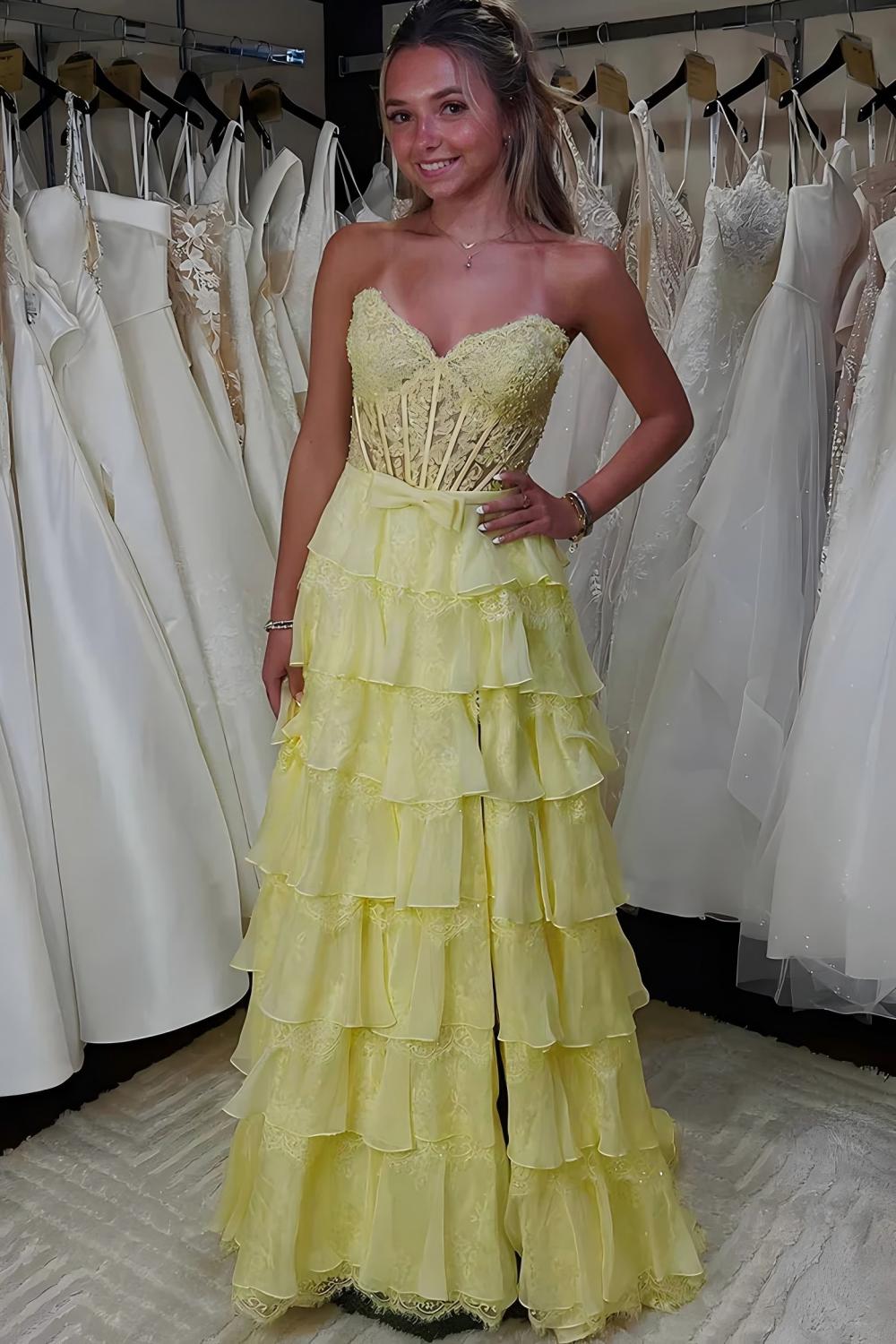Blush Pink A-Line Lace Corset Prom Dress With Tiered Ruffle Skirt & Slit Formal Evening Gown