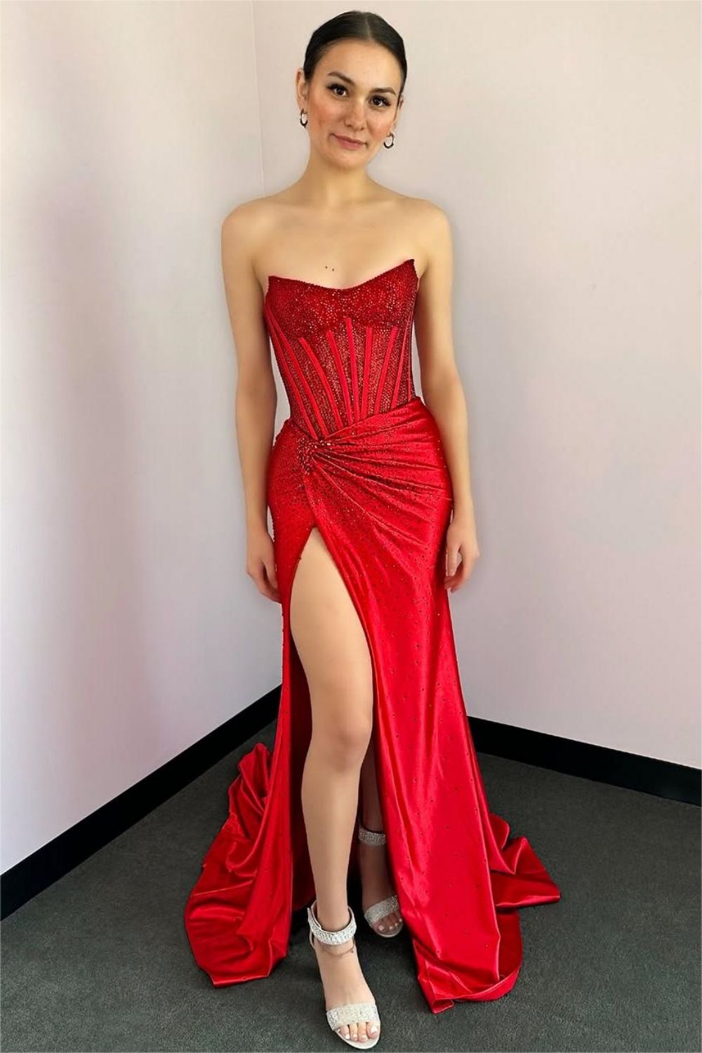 Blush Pink Corset Long Beaded Prom Dress With Rhinestone Details Formal Evening Gown