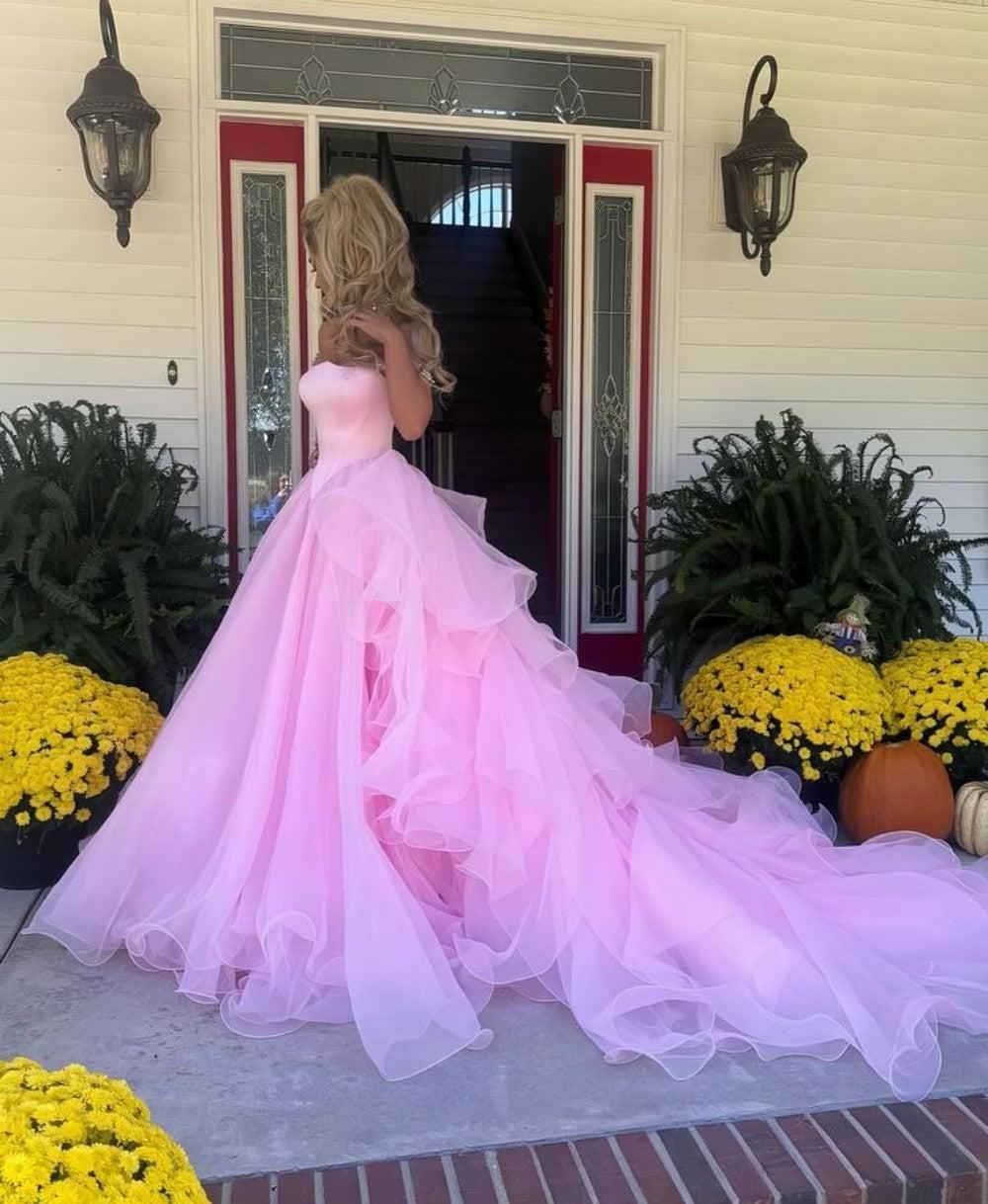 Dreamyannie Blush Pink Off-The-Shoulder Ball Gown With Crystal Embellishments Formal Evening Gown
