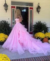 Dreamyannie Blush Pink Off-The-Shoulder Ball Gown With Crystal Embellishments Formal Evening Gown