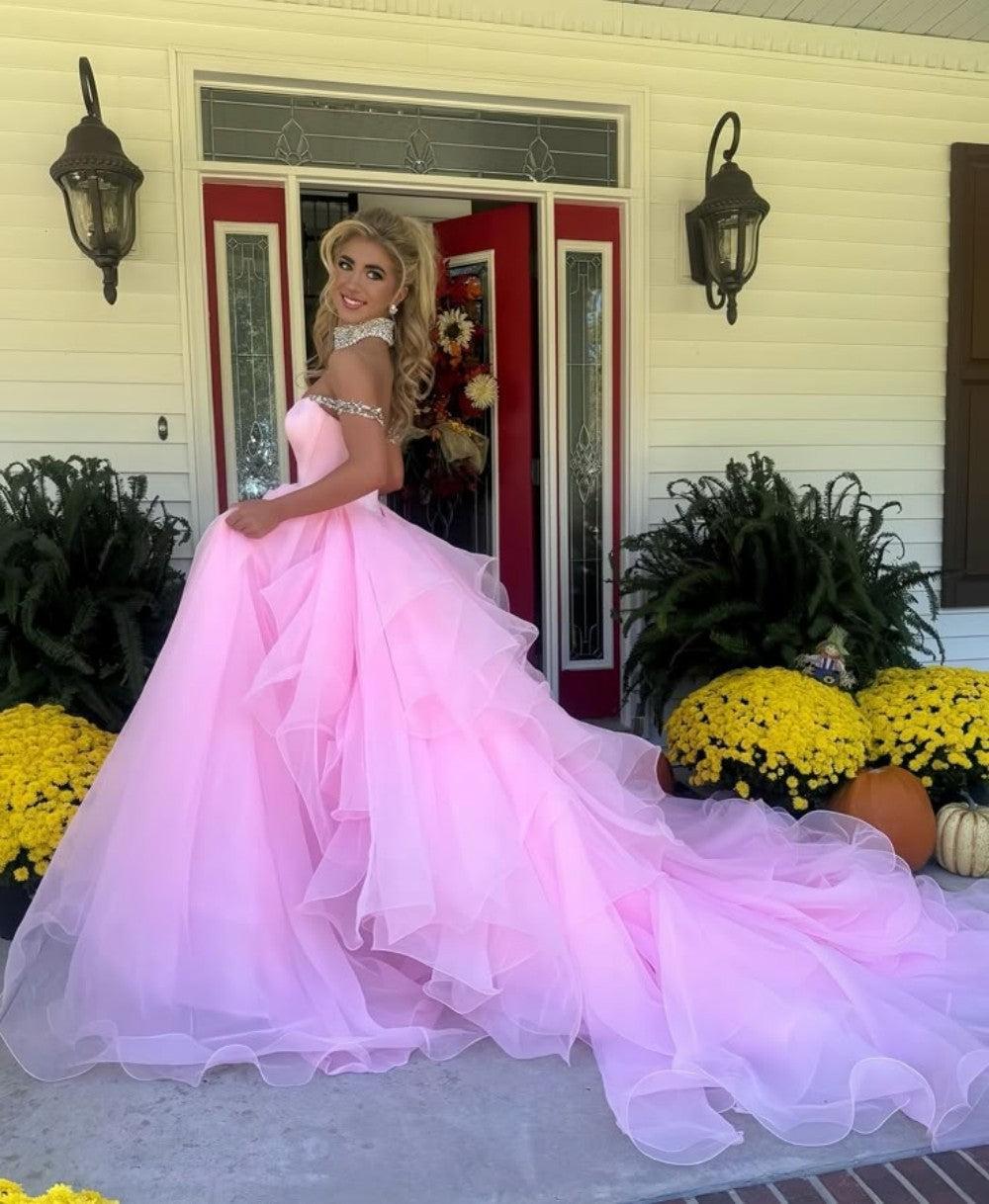 Dreamyannie Blush Pink Off-The-Shoulder Ball Gown With Crystal Embellishments Formal Evening Gown