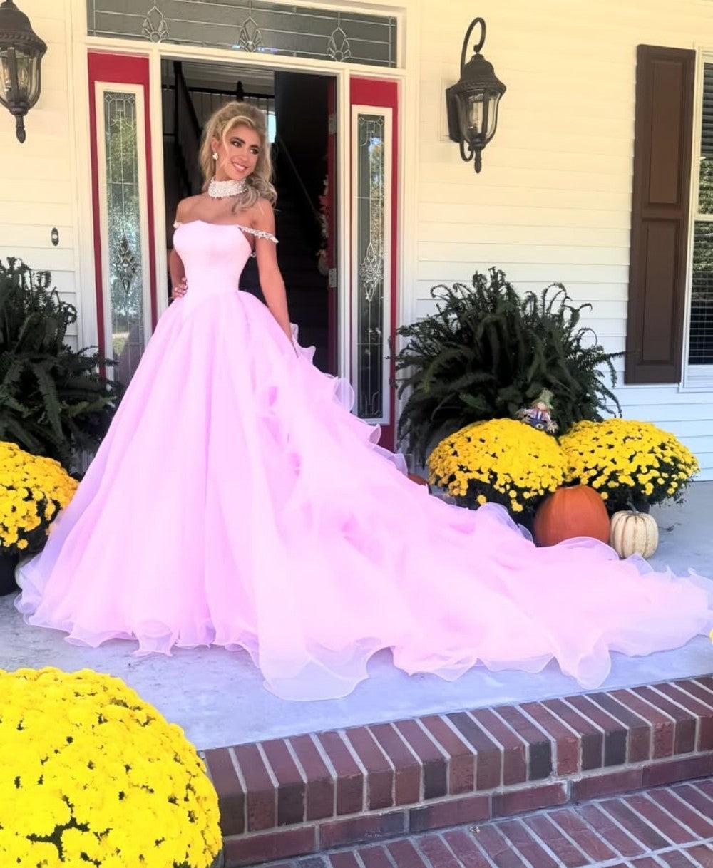Dreamyannie Blush Pink Off-The-Shoulder Ball Gown With Crystal Embellishments Formal Evening Gown