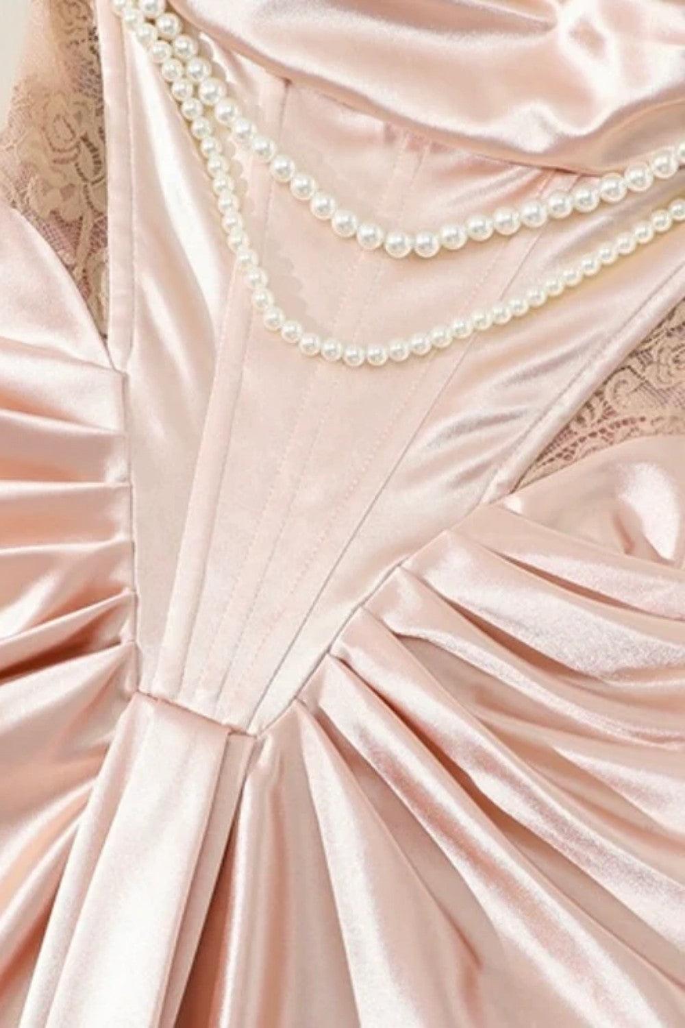 Dreamyannie Blush Pink Off-The-Shoulder Satin Corset Prom Dress With Pearl Draping Formal Evening Gown