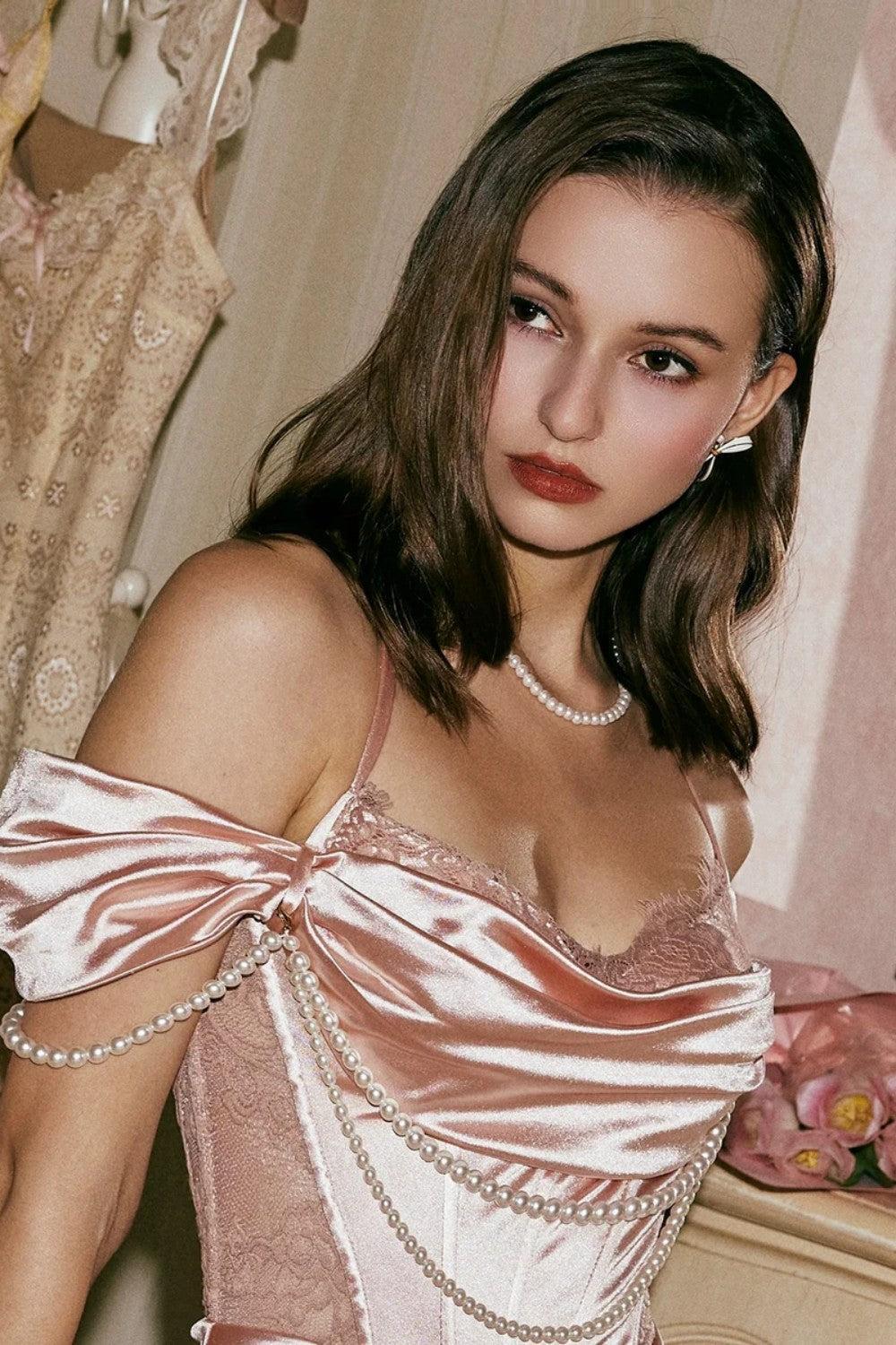 Dreamyannie Blush Pink Off-The-Shoulder Satin Corset Prom Dress With Pearl Draping Formal Evening Gown