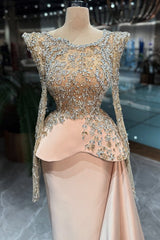 Blush Pink Satin Column Prom Dress with Crystal Long Sleeves and Peplum