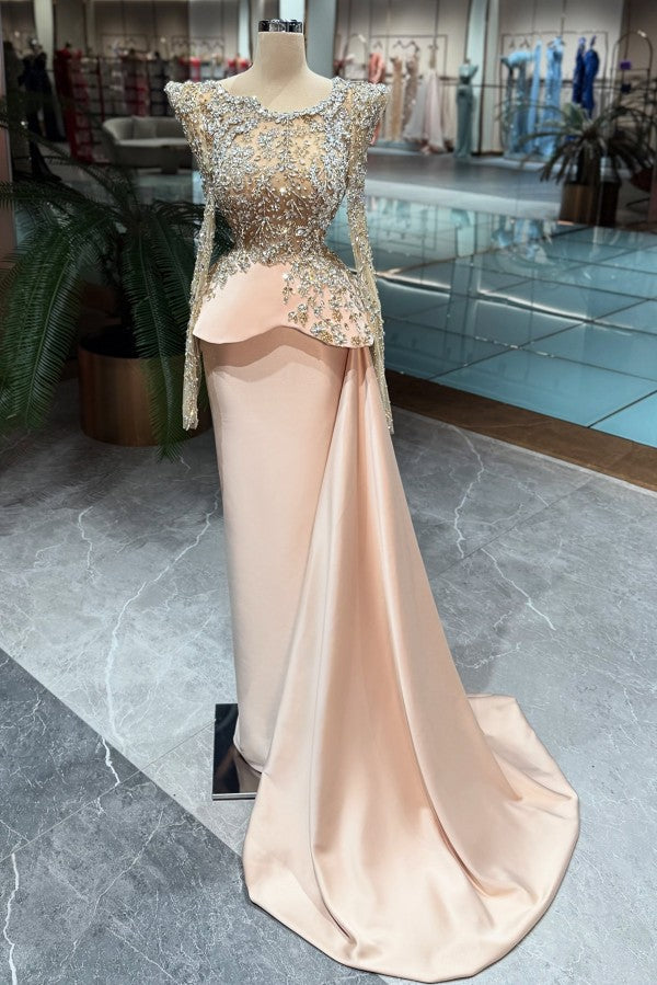 Blush Pink Satin Column Prom Dress with Crystal Long Sleeves and Peplum