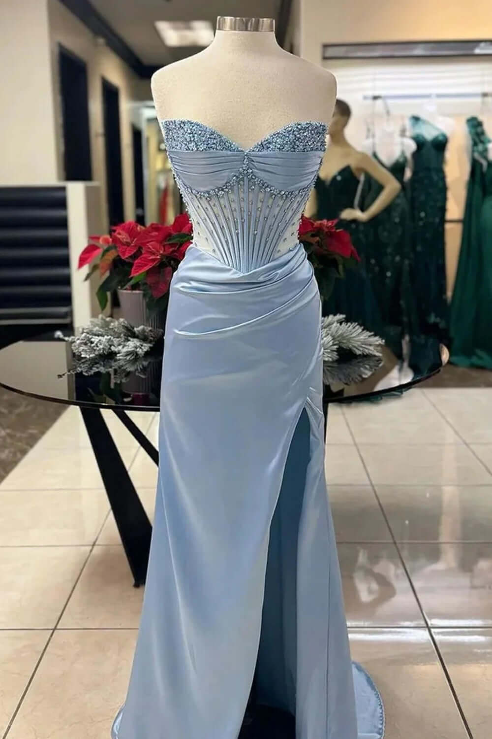 Dreamyannie Column Satin Sweetheart Sleeveless Green Prom Dress Evening Dress With Slit