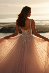 Blush Pink Tulle A Line Prom Dress with Crystal Beaded Bodice