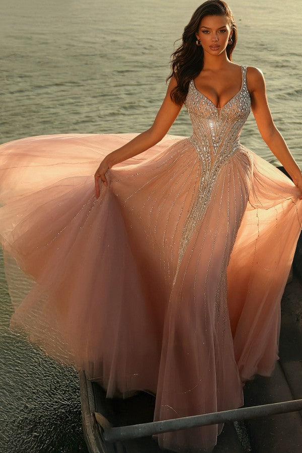 Blush Pink Tulle A Line Prom Dress with Crystal Beaded Bodice