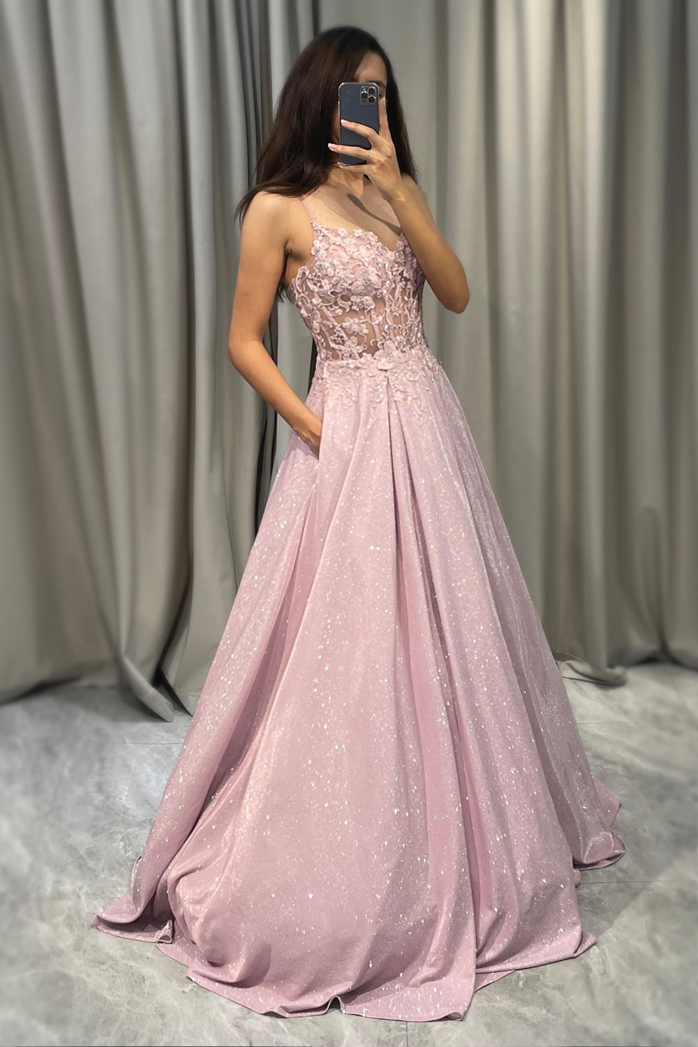 Blush Prom Dress A Line Appliqued Long Corset Evening Dress