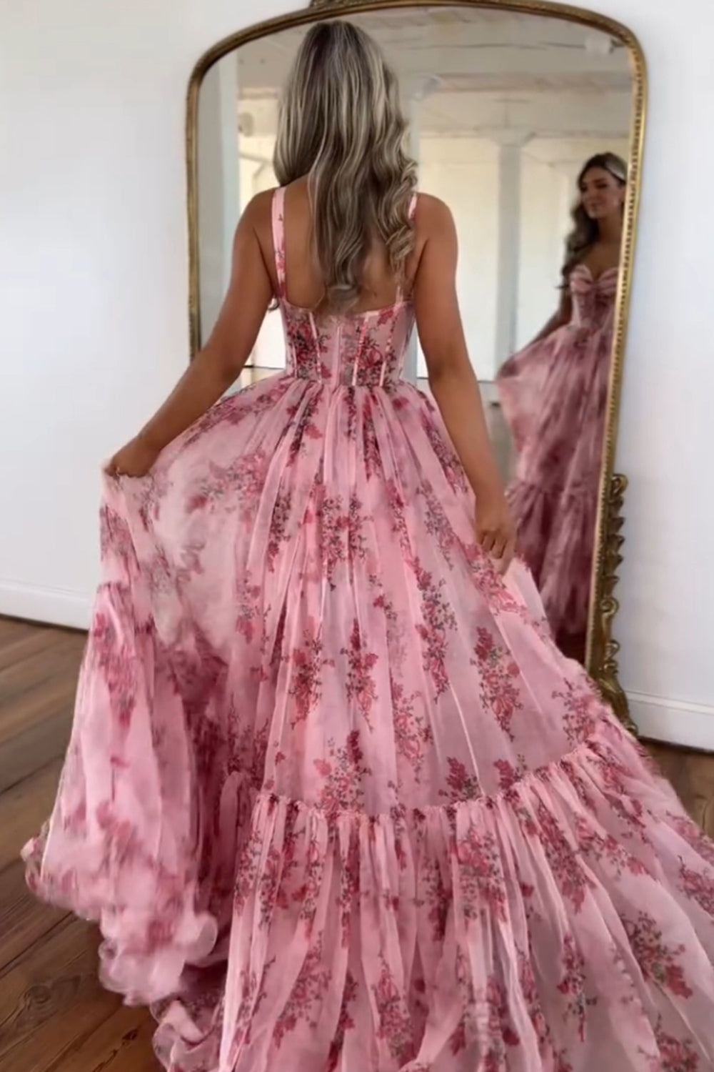 Blush Prom Dress Corset A-Line Floral Long Evening Dress