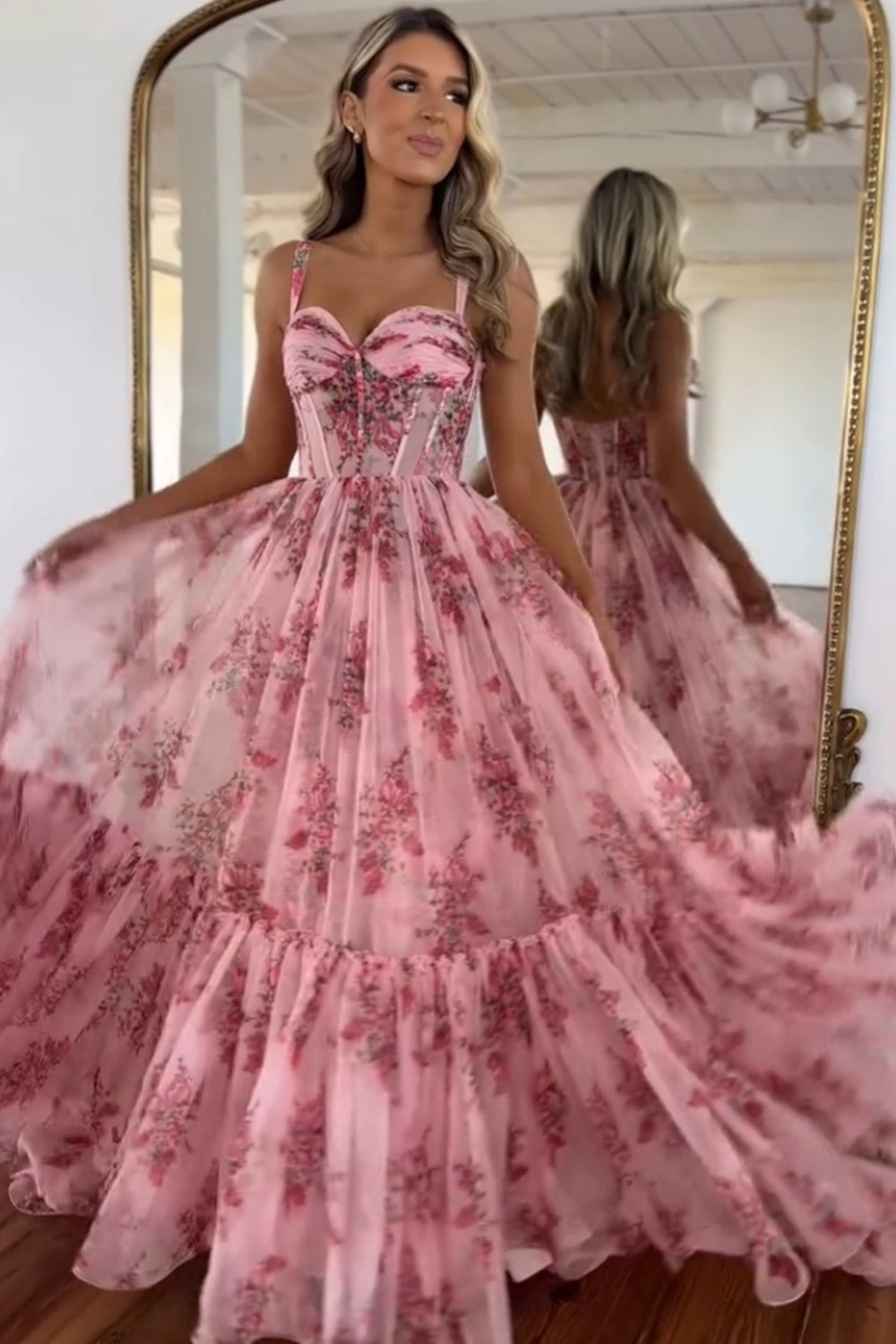 Blush Prom Dress Corset A-Line Floral Long Evening Dress