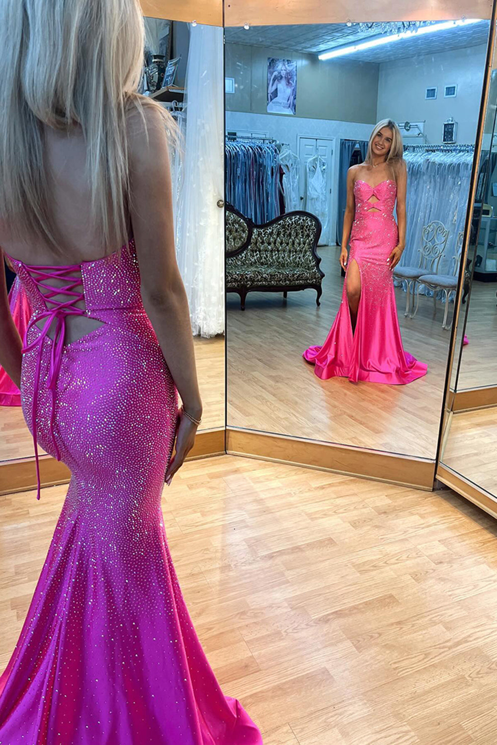 Blush Prom Dress Mermaid Hollow Out Sweetheart Formal Dress With Slit