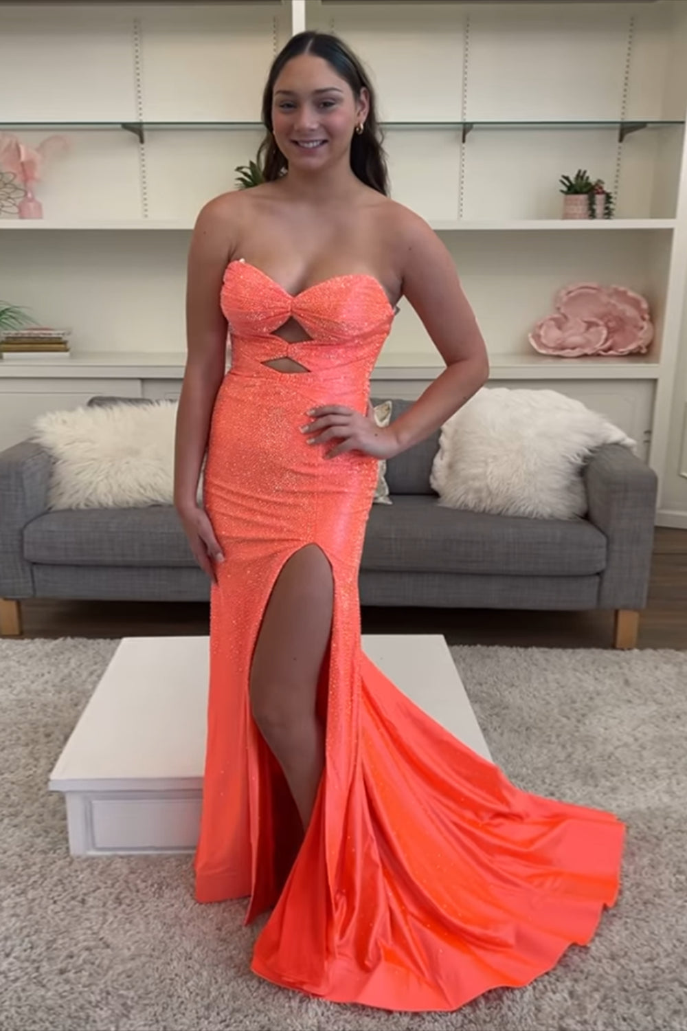 Blush Prom Dress Mermaid Hollow Out Sweetheart Formal Dress With Slit