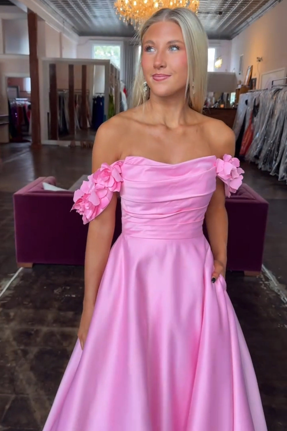 Blush Prom Dress Off The Shoulder A Line Satin Formal Dress