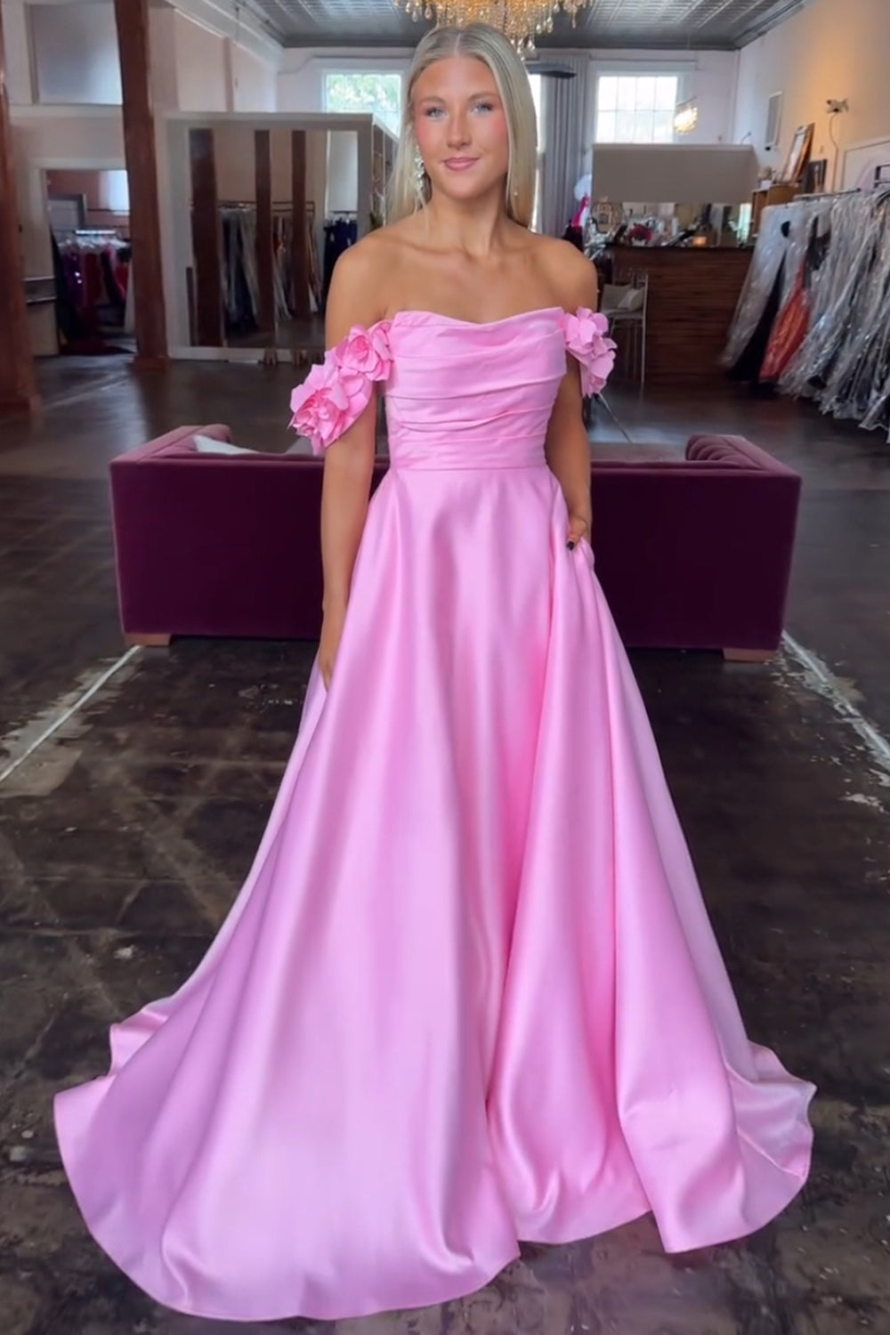 Blush Prom Dress Off The Shoulder A Line Satin Formal Dress