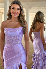 Blush Prom Dress Ruffled Mermaid Long Lace Satin Formal Dress With Slit