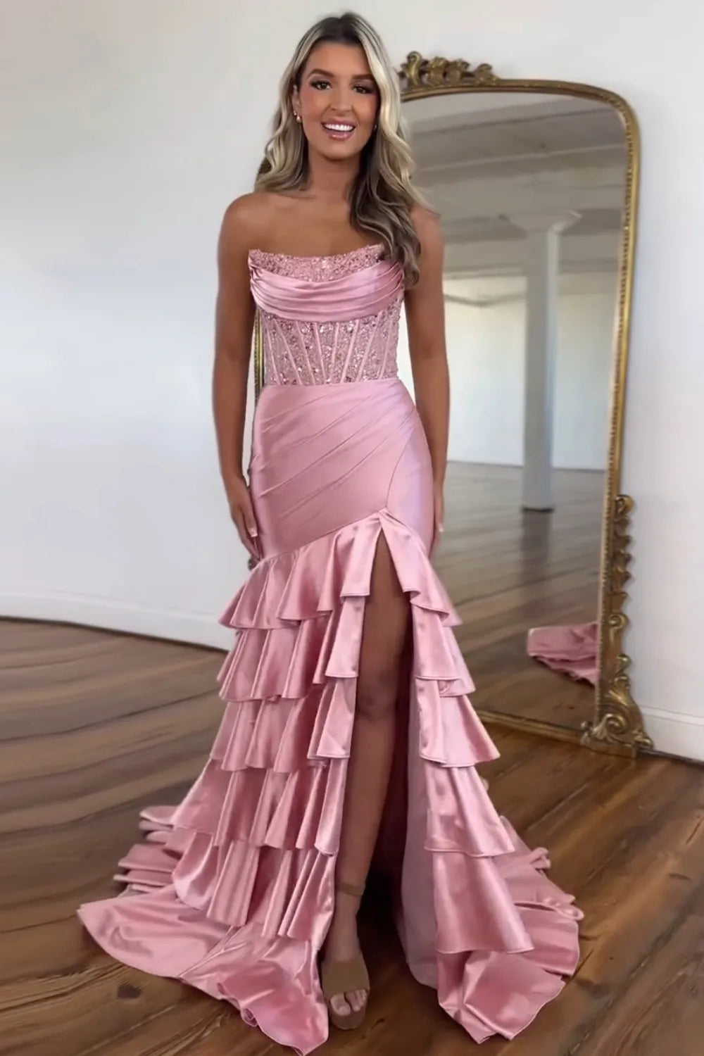 Blush Prom Dress Tiered Mermaid Long Evening Dress With Slit