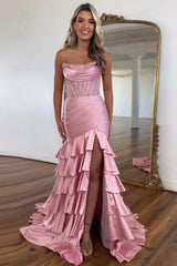 Blush Prom Dress Tiered Mermaid Long Evening Dress With Slit