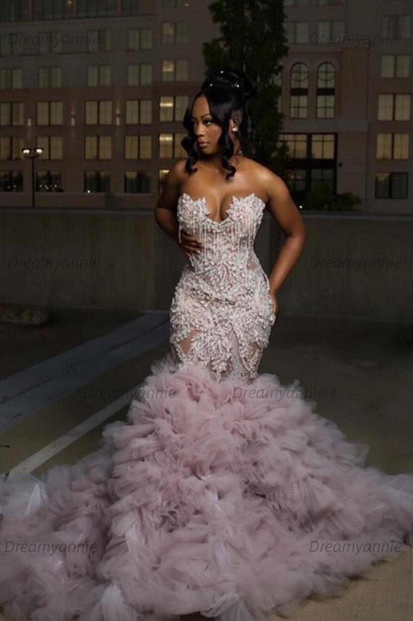 Mermaid Sweetheart Prom Dress Ruffled Sleeveless Formal Evening Gown with Rhinestones and Beadings