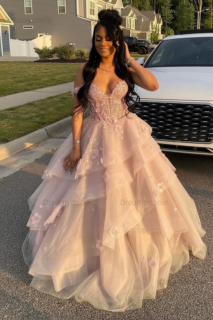 Dreamyannie Sage Prom Dress Floral Tiered Ruffles A-Line Sweetheart Corset Long Formal Dress