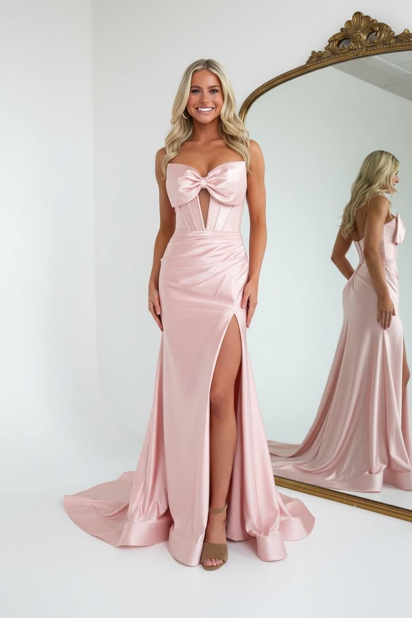 Dreamyannie Corset Red Prom Dress Satin Sweetheart Evening Dress With Slit