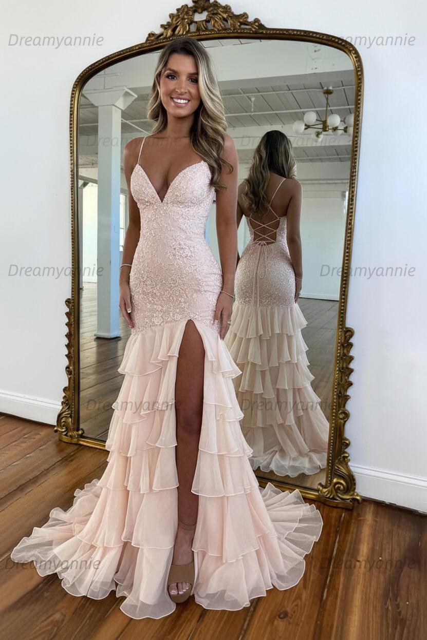 Charming Mermaid Spaghetti Straps Lace Up Long Prom Dress With Ruffle Skirt Formal Evening Gown