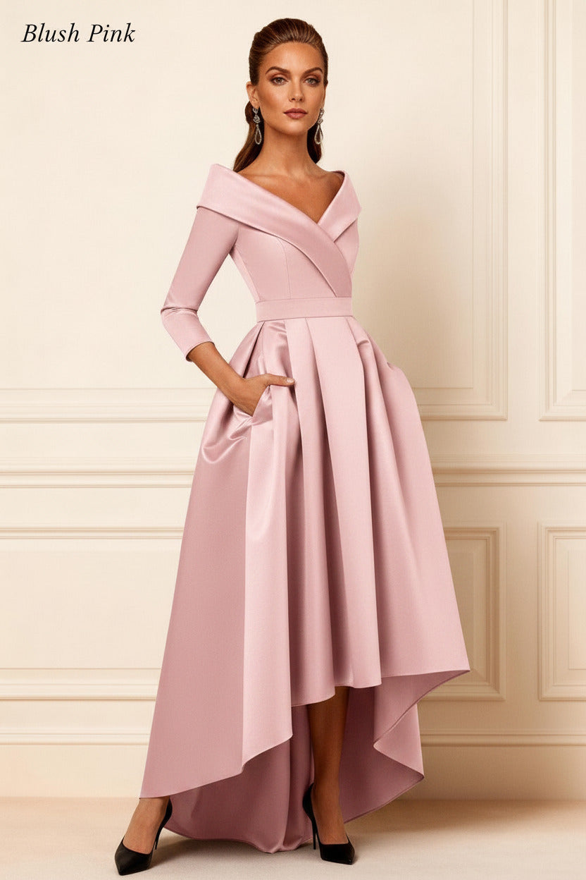 Dreamyannie Dark Navy V Neck Satin High Low Mother Of The Bride Dress With Pockets