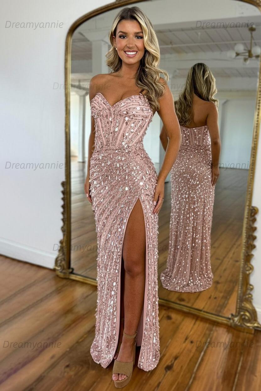 Sweetheart Mermaid Sequined Prom Dress With High Slit Skirt Evening Gown