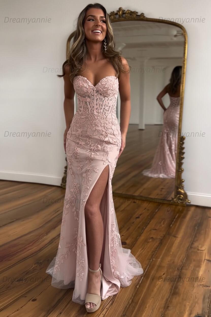 Light Blue Prom Dress Mermaid Sweetheart Corset Long Laced Evening Dress with Slit