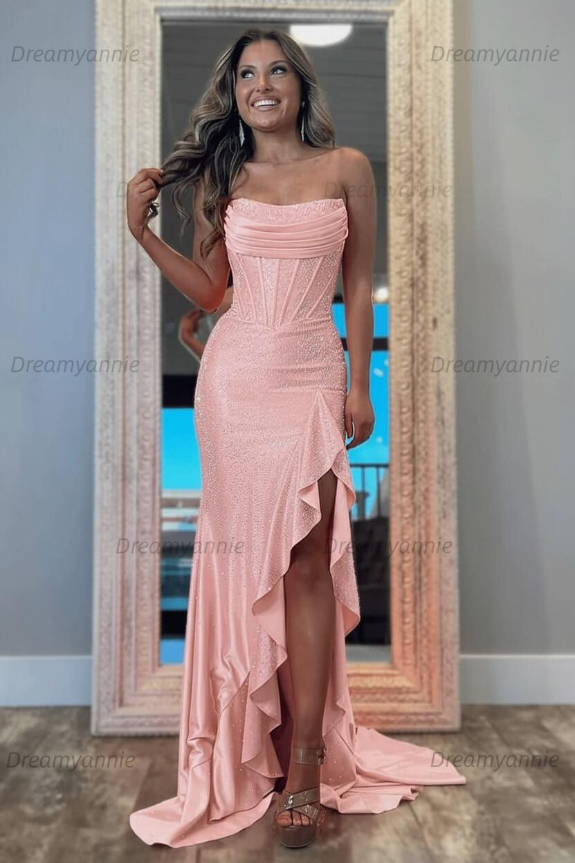 Hot Pink Beaded Prom Dress Strapless Corset Ruffled Evening Dress With Slit