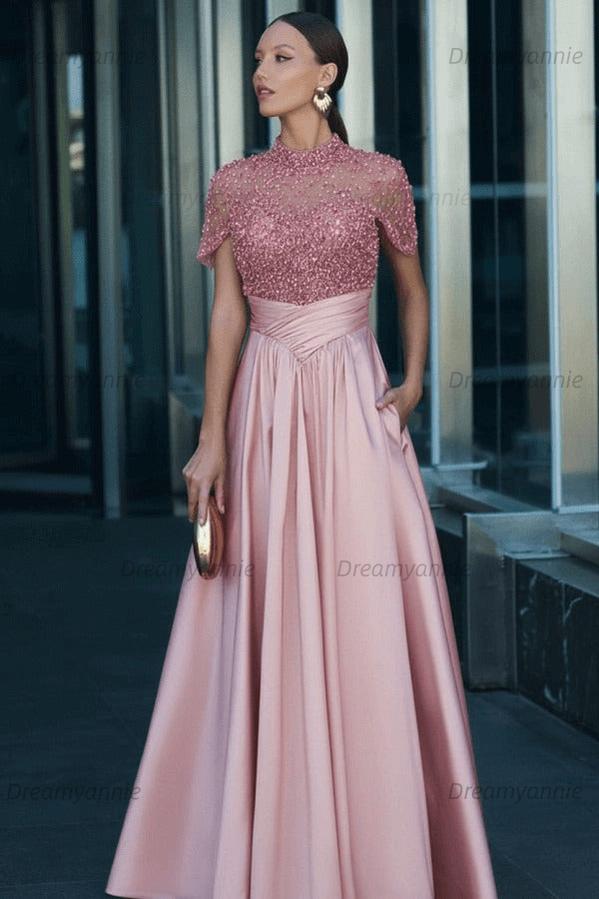 Green A Line Prom Dress Short Sleeve High Neck Beaded Evening Dress