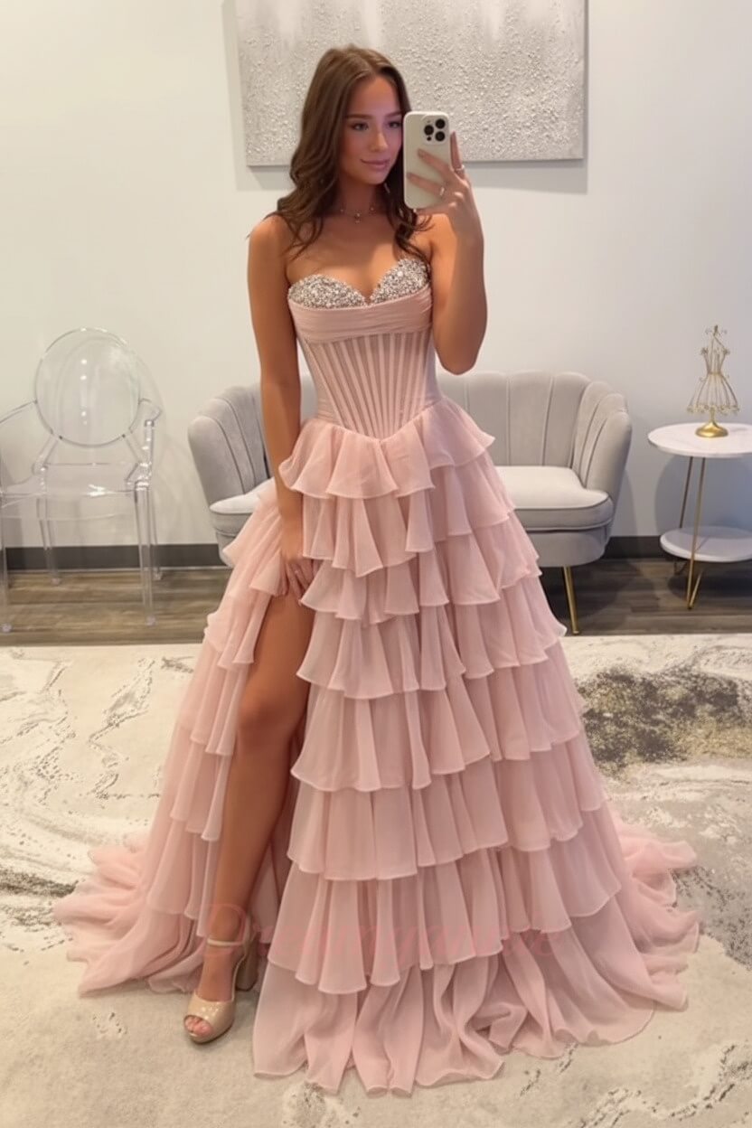 Dreamyannie Ruffled Black Prom Dress A Line Corset Long Formal Dress With Beadings
