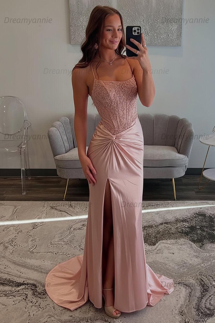 Dreamyannie Red Prom Dress Spaghetti Straps Ruhed Long Lace Formal Dress With Appliques