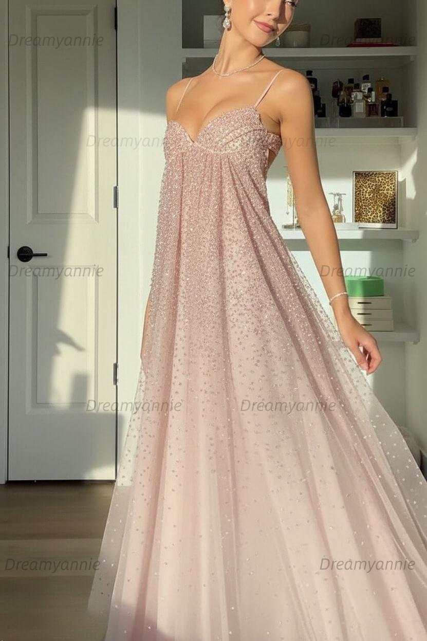 Bling A Line Spaghetti Straps Grey Blue Long Party Dress With Beading Formal Evening Gown