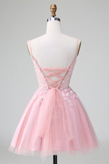Blushing Pink Spaghetti Strap A-Line Tulle Short Graduation Dress with Appliques