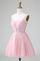 Blushing Pink Spaghetti Strap A-Line Tulle Short Graduation Dress with Appliques