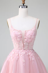Blushing Pink Spaghetti Strap A-Line Tulle Short Graduation Dress with Appliques