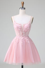 Blushing Pink Spaghetti Strap A-Line Tulle Short Graduation Dress with Appliques