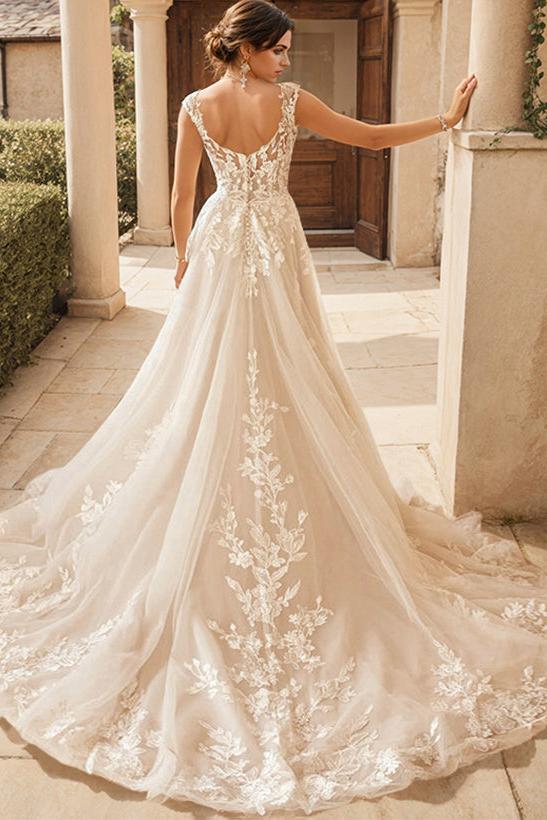 Bohemian V-Neck Bridal Gown Featuring Illusion Back