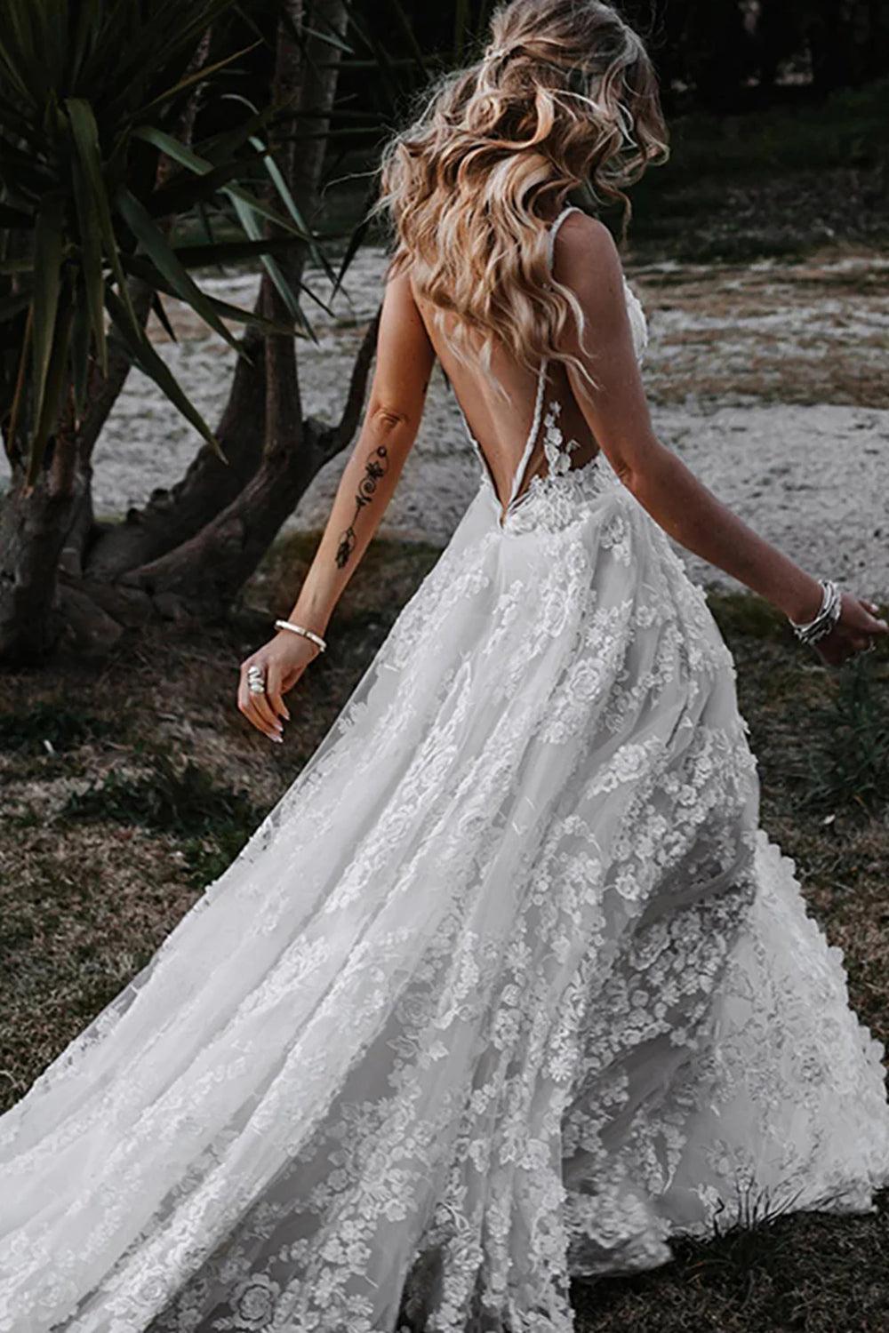 Bohemian White A-Line Beach Wedding Dress Adorned with Appliques
