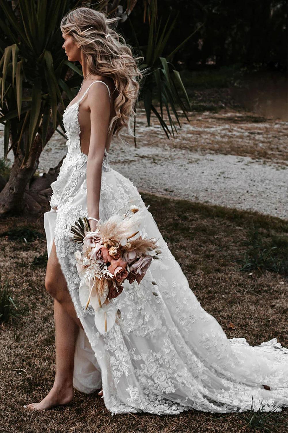 Bohemian White A-Line Beach Wedding Dress Adorned with Appliques
