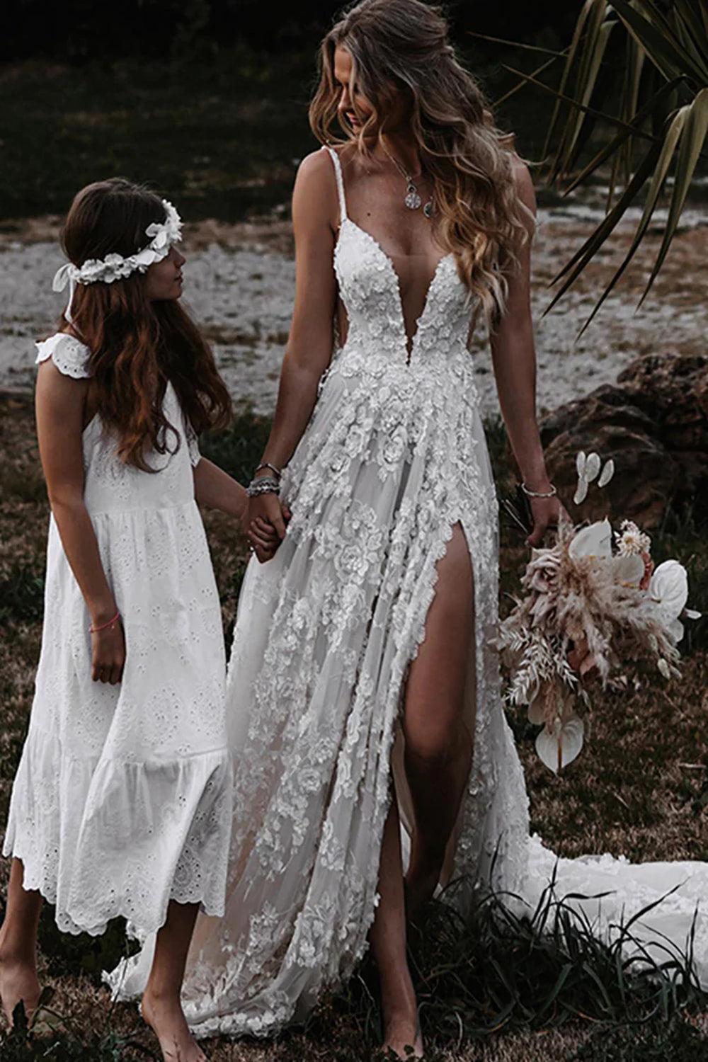 Bohemian White A-Line Beach Wedding Dress Adorned with Appliques