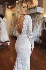 Bohemian White Mermaid Long Lace Beach Wedding Dress with Sleeves